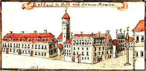 Rathaus in Oels mit seinem Revier - Ratusz, widok oglny z otoczeniem